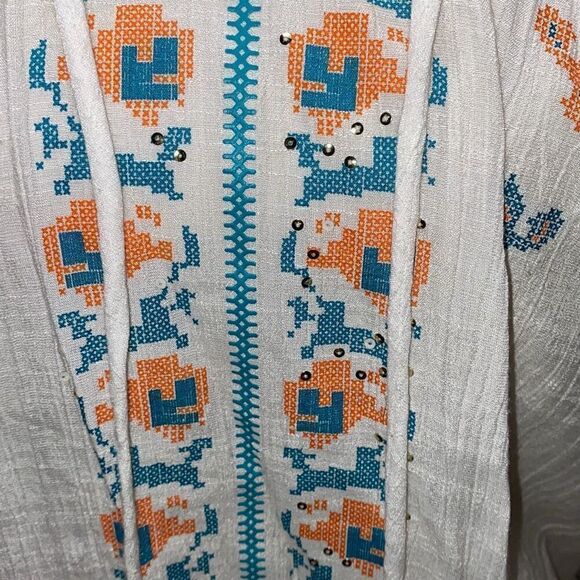 Wrangler peasant boho hippie shirt top turquoise tie neck Sz L - Picture 3 of 10